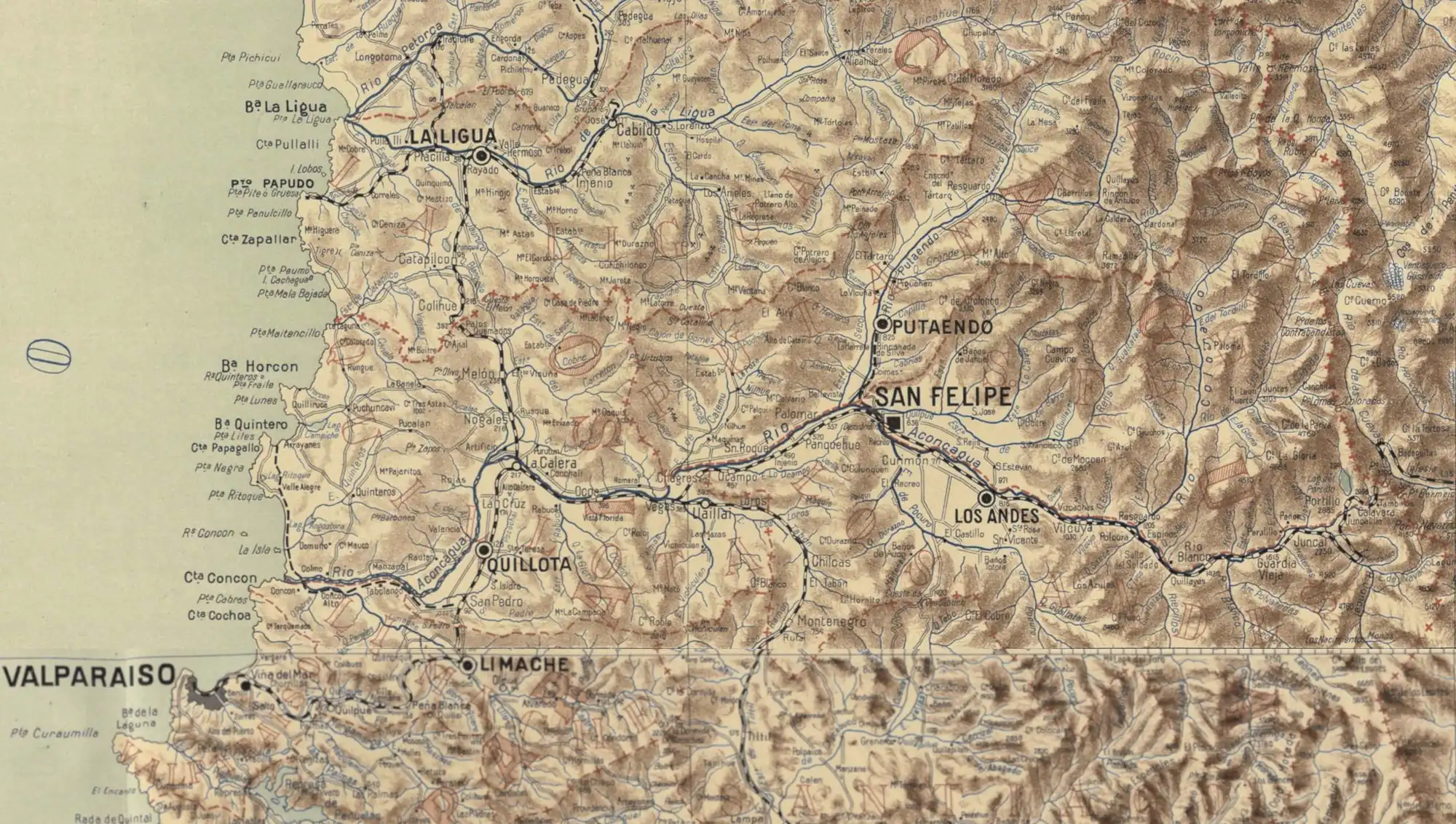 El río Leones, afluente del Blanco, en un compuesto de dos mapas de Luis Risopatrón de 1910.