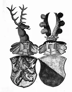 Armes du mari contournées par courtoisie héraldique, familles Zimmern - Abensberg.