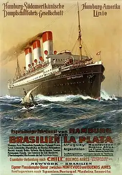 Cartel (ca. 1913). El SMS Cap Trafalgar, de la línea Hamburgo-Sudamérica.