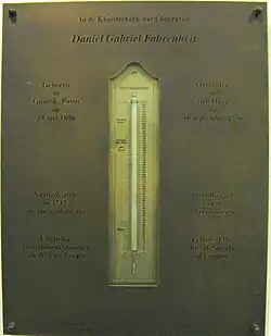 Placa conmemorativa del cementerio de Daniel Gabriel Fahrenheit en el pórtico de la iglesia.