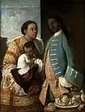 Escena de mestizaje (pintura de castas): De chino cambujo e india, loba. Miguel Cabrera, escuela novohispana, 1763.