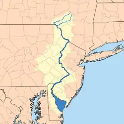 Mapa del río Delaware que forma toda la frontera este —con el estado de Nueva York y Nueva Jersey— de Pensilvania