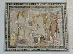 Detalle de la parte central de un mosaico del barrio de los Joyeros que representa a Hermes y Atenea, siglo II a. C.