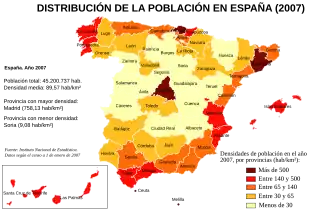 Densidades de población de las provincias españolas en el año 2007