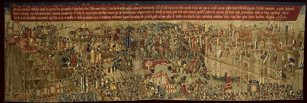 Desembarco en Arcila. Lana y seda. Siglo XV. Tournai. 368x1108cm. Serie de Tapices de Alfonso V de Portugal. Museo Parroquial de Tapices de Pastrana. Guadalajara, España.