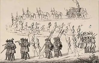 Grabado contemporáneo mostrando la primera sección del desfile de máscaras, denominado Máscara Real.