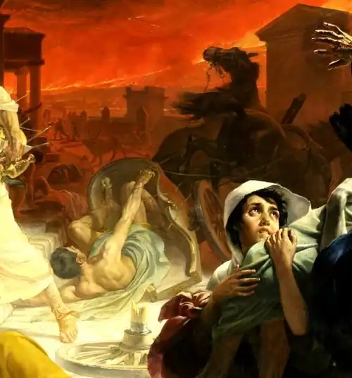 Los caballos del carro volcado se hunden hacia el fondo de la escena donde el caos es mayor.[187]​