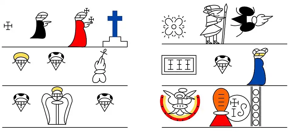 En la inscripción se detectan simbolismos mesoamericanos. Los rostros lenticulares tienen rizos asociados a venus y el color de cabello rubio se relaciona a Xipe Totec, los objetos negros en los rostros a Tezcatlipoca. Tezcatlipoca es también representado por el sujeto azul siendo el dios padre cristiano, Quetzalcóatl por el sujeto con vista al frente y Huitzilopochtli por el colibrí con iridiscencias del glifo tépetl.