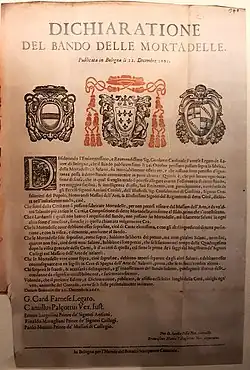 Dichiarazione del Bando delle Mortadelle ("Declaración del bando de las mortadelas"), Bolonia, 1661.