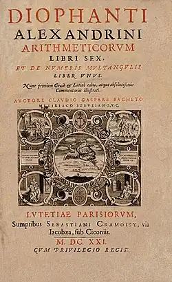 Arithmetica escrito por Diofanto alrededor de 280. Edición de 1621, traducida del griego al latín.