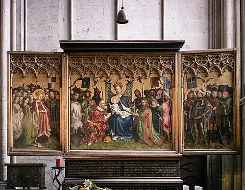 Retablo de los Reyes Magos (Dreikönigsaltar)[83]​ en la catedral de Colonia, de Stefan Lochner (1445).