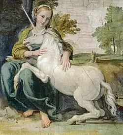 Virgen con unicornio. Pintura de Domenico Zampier (1581-1641). Pueden distinguirse sus claros rasgos equinos, pero conservando la barba de chivo.