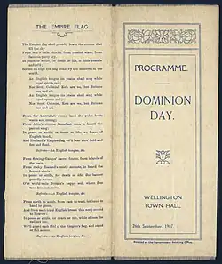 Programa para el servicio del Dominion Day en Wellington Town Hall.