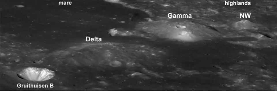 Domos Gruithuisen Delta, Gamma y NW (Northwest). Foto: LRO.
