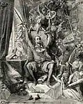 Don Quijote leyendo, sentado en un sillón, ante una ventana y una mesa con libros, en una habitación de su casa. Grabado de Gustave Doré (1863) utilizado en la edición de Cassell & Company (1906).
