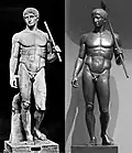Dos copias del Doríforo de Policleto, c. 445-440 a. C. La de la izquierda se conserva en el Museo Arqueológico Nacional de Nápoles. Altura 2,00 m.