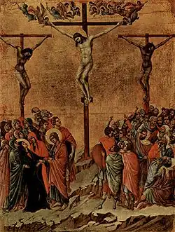 Crucifixión, tabla de Duccio di Buoninsegna (Gótico italiano).