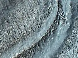 Primer plano de la zona del recuadro de la imagen anterior. Esto puede ser llamado por algunos la morrena terminal de un glaciar. Para la escala, el recuadro muestra el tamaño aproximado de un campo de fútbol. Imagen tomada con HiRISE bajo el programa HiWish. La ubicación es el cuadrilátero de Hellas.