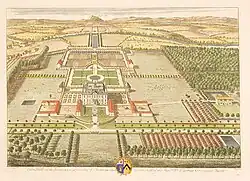 Una vista elevada de la casa y sus jardines en sus alrededores