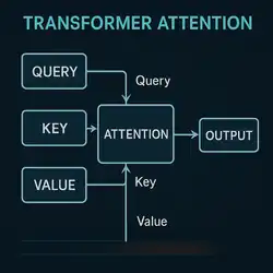 Diagrama esquemático del mecanismo de atención de un Transformer, mostrando Query, Key, Value y Output.