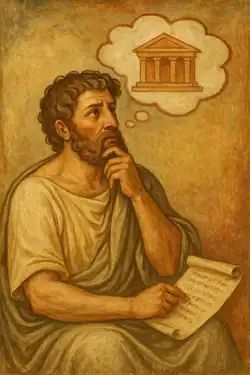 Fresco estilo grecorromano de un filósofo sosteniendo un pergamino y evocando un templo, simbolizando la idea de recuperación de memoria en la antigüedad.