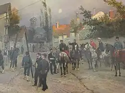 Telegrafista trabajando en una villa en presencia de oficiales extranjeros (1880).