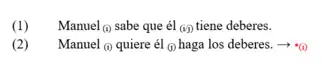 Manuel sabe que él tiene deberes no conlleva el efecto de referencia disjunta, porque el sujeto puede ser el mismo tanto en la oración principal como en la subordinada. Manuel quiere que él haga los deberes es un ejemplo de efecto de referencia disjunta, porque aquí los sujetos no pueden correferirse.