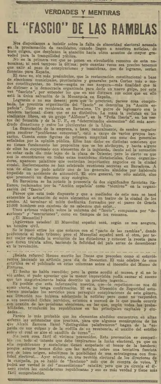 «El "Fascio" de las Ramblas». Artículo publicado en portada de El Liberal el 8 de abril de 1931, alarmado por la actividad de Acción Española en Barcelona como organización emuladora del fascismo.