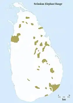 Rango histórico de distribución del E. M. Maximus (marrón), en la isla de Sri Lanka, en el sur de Asia, cerca del Océano Índico.