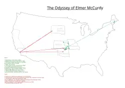 A graphic that shows where Elmer McCurdy has been.