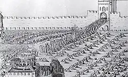 La procesión de la palma en Moscú, 1654, mostrando el rito original de la iglesia rusa con un paseo en burro