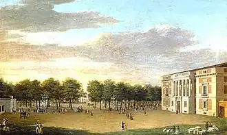 Vista del Salón del Prado desde la explanada entre el Museo del Prado y el Jardín Botánico a principios del siglo XIX (Entrada al Real Museo por la parte del Jardín Botánico, de Fernando Brambila)