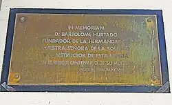 Placa tercer centenario de la muerte de Bartolomé Hurtado 1698-1998.