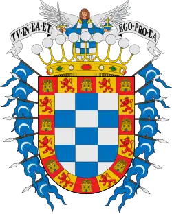 Escudo de la ciudad de Cochabamba, en el que el celeste aparece en ambos costados del escudo en forma de banderas, en el centro de esta y en el timbre.