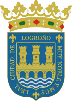 Escudo con corona y leyenda «Muy noble y muy leal ciudad de Logroño».