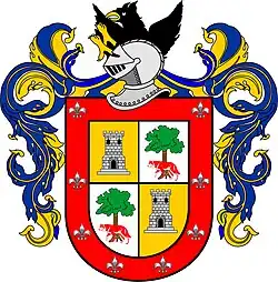 Escudo de Diego Méndez Conquistador, Vecino, Teniente General de Gobernador y Primer Escribano de Puerto Viejo. Posteriormente fue Escribano de Santiago de Guayaquil y San Francisco de Quito. Cédula Real con fecha de 14.XII.1551