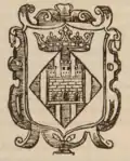 Escudo en la portada del libro La villa de Castellón de la Plana, y por ella Francisco Iusepe Bou ciudadano su síndico, obra de Juan Bautista Marçal en 1640