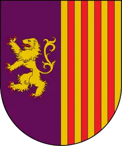 Escudo de armas del antiguo municipio de Sant Salvador de Toló. Partido, primero de púrpura, un león de oro; segundo de oro, cuatro palos de gules.
