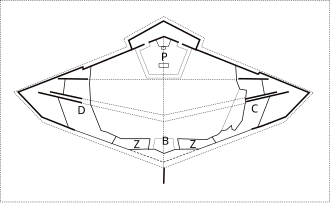 Esquema: P. Presbiterio; D. Despachos; C. Confesionarios; B. Baptisterio; Z. Zaguán