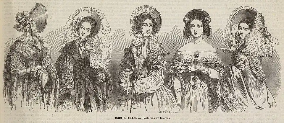 Diversidad de tocas en la Monarquía de Julio (1830-1848) (Esquisse d'une histoire de la mode depuis un siècle - Révolution de 1830, grabado de Henri Valentin de 1849)