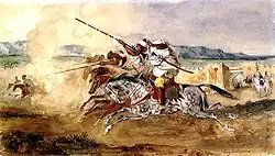 Tableau d'Eugène Delacroix, représentant des cavalier exécutant une fantasia