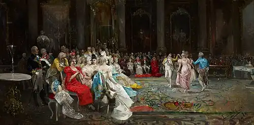 Baile en palacio, de Eugenio Lucas Villaamil, 1894. Ilustra perfectamente el escapismo añorante del Antiguo Régimen; "... alguien que vivió lo viejo y lo nuevo, el cínico y elegante Talleyrand había declarado: “El que no hizo el amor en el Antiguo Régimen, ignora lo que es la alegría de vivir”."[53]​