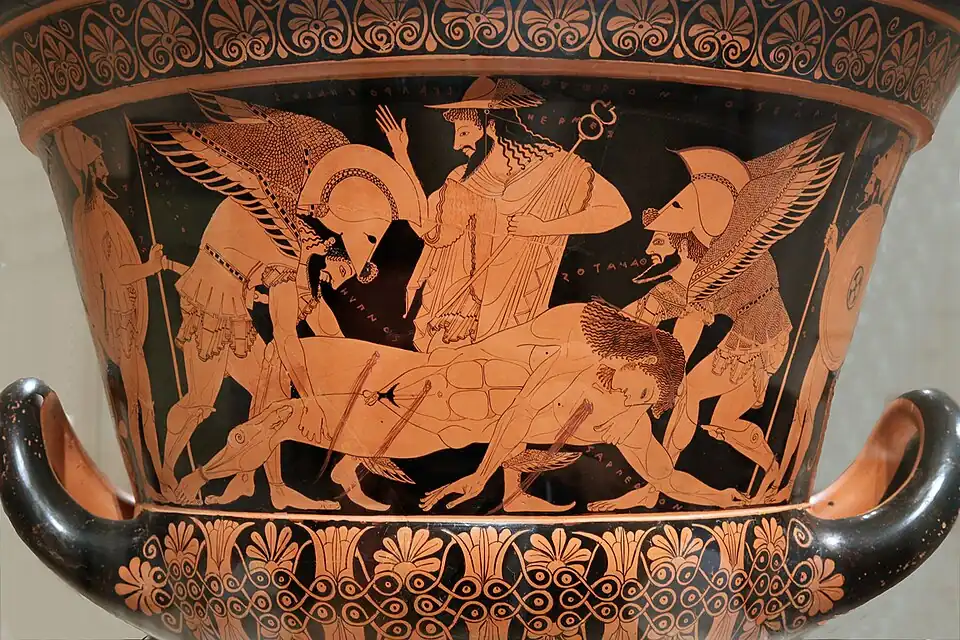 Crátera de Eufronio (cerámica de figuras rojas de Eufronio, hacia 515 a. C.). La escena representa al cuerpo de Sarpedón sostenido por Eros y Tánatos, ante Hermes.[32]​