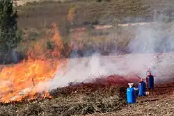 Tres extintores ubicados en el suelo pulverizan sobre el fuego que avanza en un pastizal,