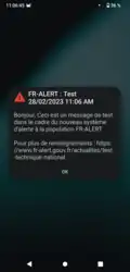 Capture d'écran d'un message d'alerte d'exercice diffusé sur un téléphone Android.