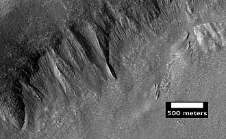 Proceso geológico denominado derrubios frontales lobulados. Las rayas indican movimiento. Imagen ubicada en el cuadrilátero de Ismenius Lacus. Se ha demostrado que los derrubios frontales lobulados contienen hielo de agua casi pura cubierta con una capa de escombros rocosos