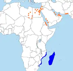 Naranja: Colonias de cría Azul: Zona de invernada