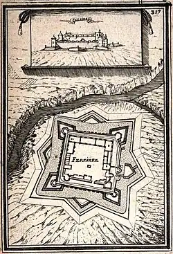 Castillo de Ferreira, fortificado por Manesson Mallet después del asedio por el mariscal Federico de Schomberg el 27 de abril de 1667 (Les Travaux de Mars, t. I, pl. CXXXII).
