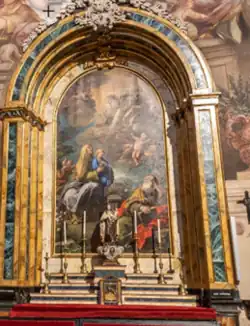 Fig. 56. Santa Ana, San Joaquín y la Virgen niña, Luca Giordano, 1694. Lienzo de Giordano en que se representa la triada de personajes junto a un Dios padre situado en el cielo.