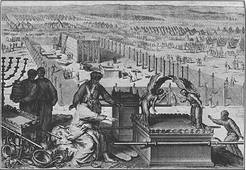 Moisés, Aarón y la erección del Tabernáculo (Éxodo 40:17-19). Figures de la Bible, 1728